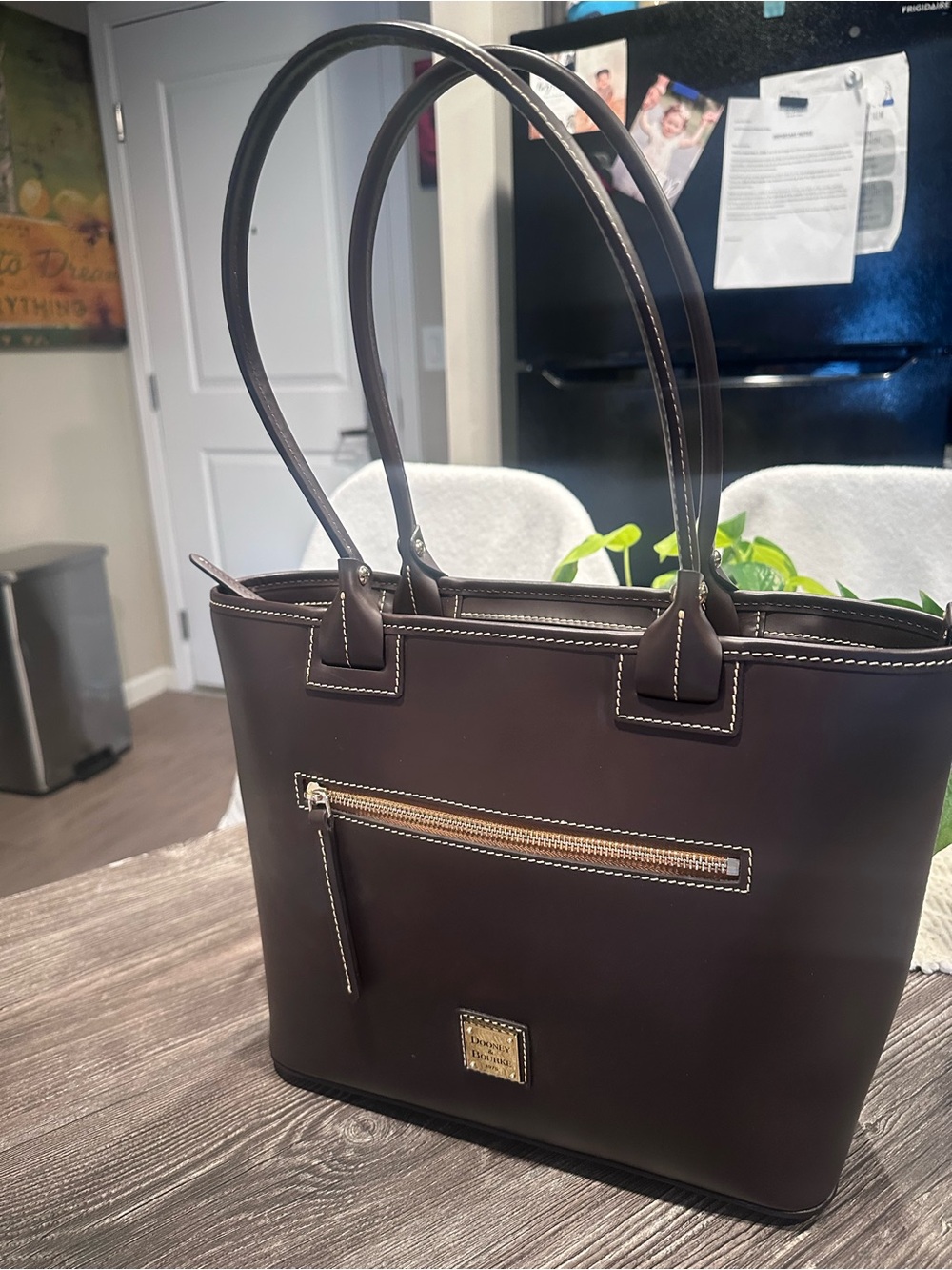 “Dooney & Bourke Quincy Zip Tote, Beacon Collection, Chocolate Brown.”